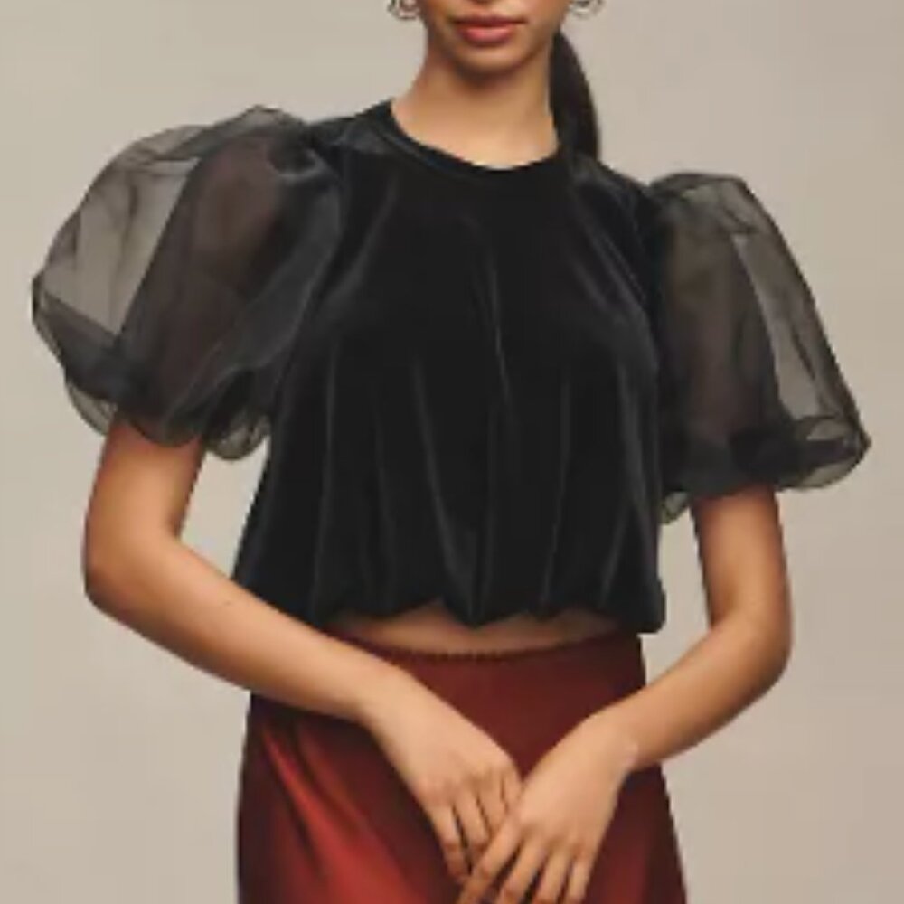 NWT Maeve Puff-Sleeve Velvet Blouse, sz Small, Black